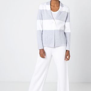 NWOT Kinross Cashmere Luxurious Grey White Rugby Striped Blazer Womens Sz M $450